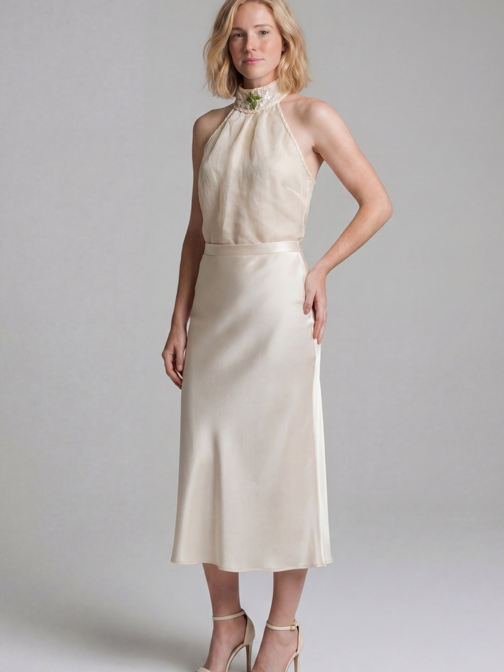 vintage Y2k Max Studio halter mock neck top cream sheer overlay Linen Resortwear - Picture 2 of 16